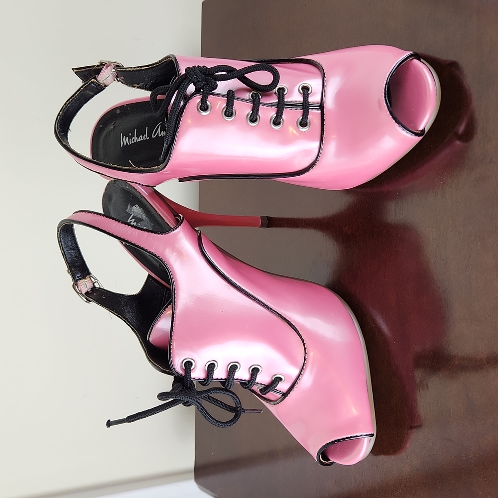 Michael Antonio 7 1/2 lace up heels pastel pink w black laces, barbiecore!!!